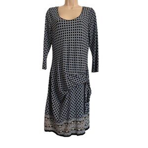 Max Studio Stretchy Mock Wrap Size Large Print Dress 3/4 Sleeve Blue Scoop Neck